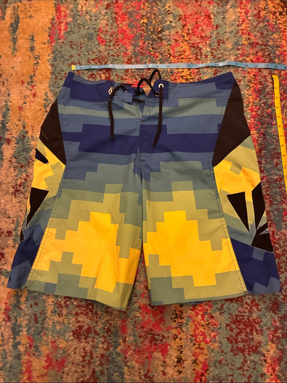 Men's Blue and Yellow Pixel-Print Swim Trunks